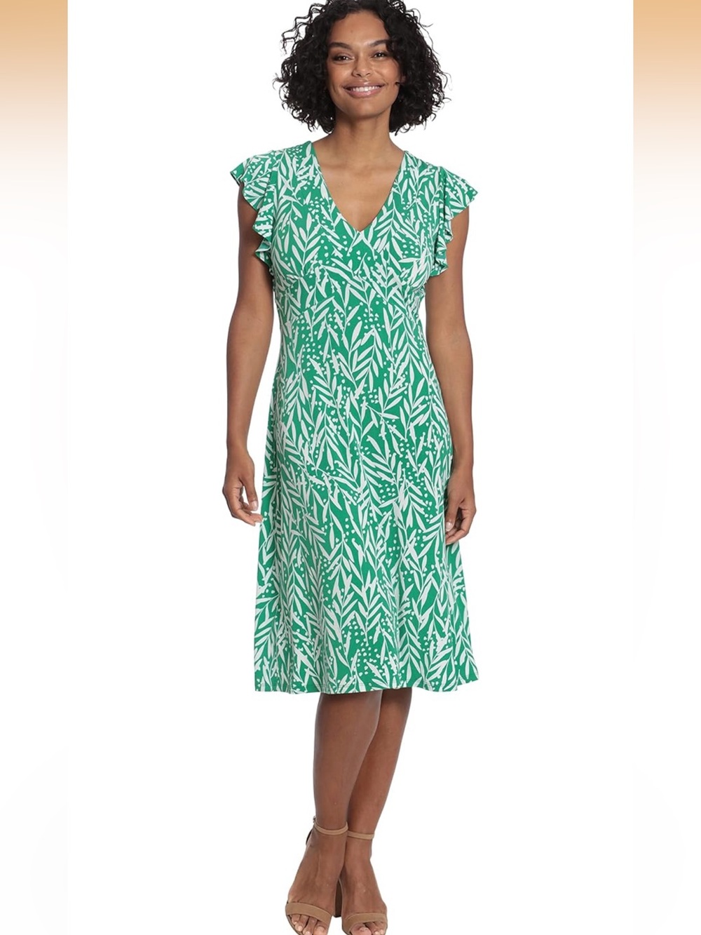 London Times Green & White Leaf-Print V-Neck Midi Dress